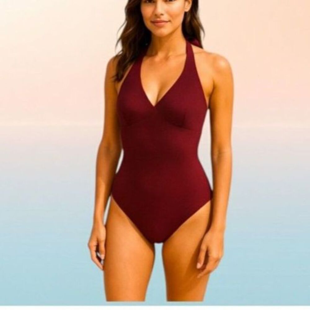 NWT SPANX 1PC Pique Shaping Swimsuit Bra Halter Mulberry Sz XS White Lotus-Core